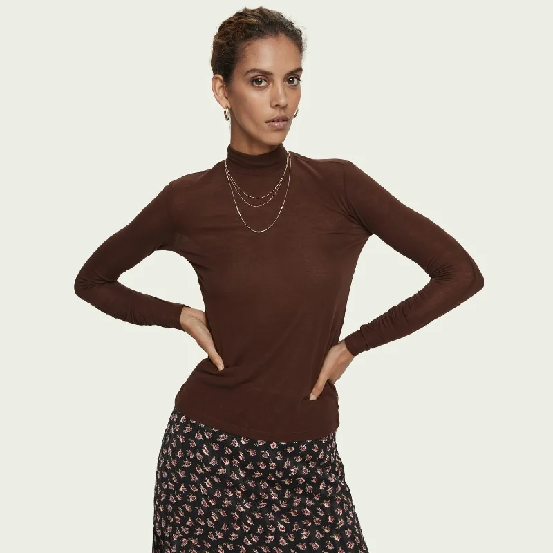 Boat Neck Knit TopsGathered Sleeve Turtleneck (Espresso)