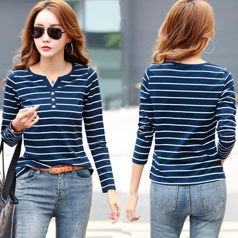 Women T-Shirt - Cotton Short Long Sleeve Lady T Shirt - Striped Summer, Spring, Autumn Female Fashion Top - Plus Size (TB2)Women's winter tops