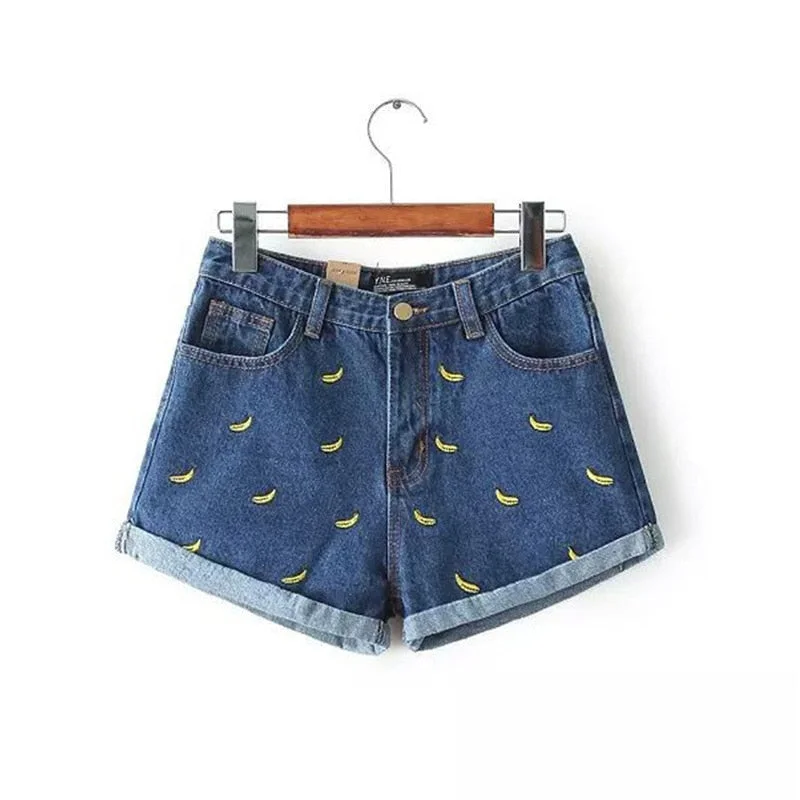 2019 Fashion women Korean summer banana flower embroidery cotton curling plus size casual female waist denim shortsWomen's beach tops