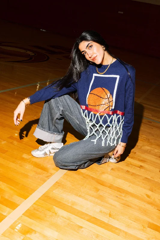 Hooded Knit TopsNavy Basketball Net Fringe Sweater