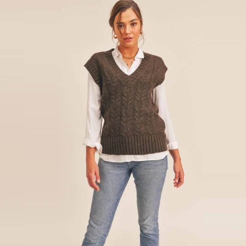 Silk Knit TopsCable Knit Oversized Sweater Vest (Espresso)