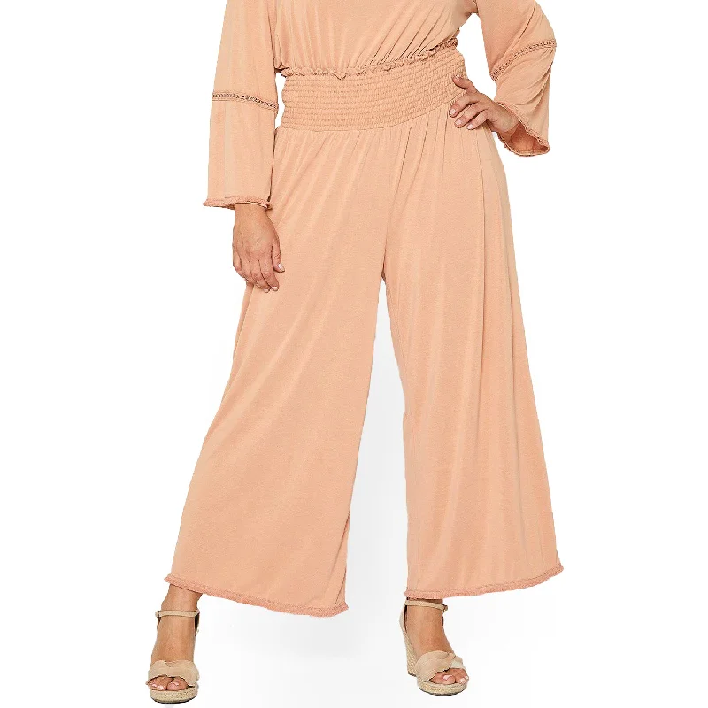 Women's Plus Size Smocked Waist Wide Leg Palazzo Pants in ApricotPlus size women's sports tops