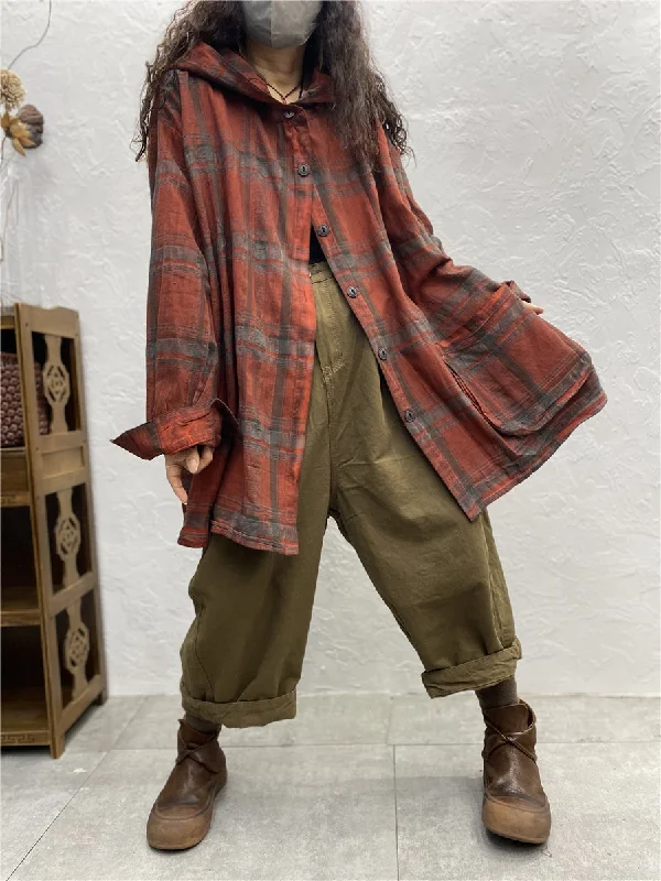 Plus Size Women Vintage Plaid Spring Hooded Shirt CoatPlus size women's denim tops