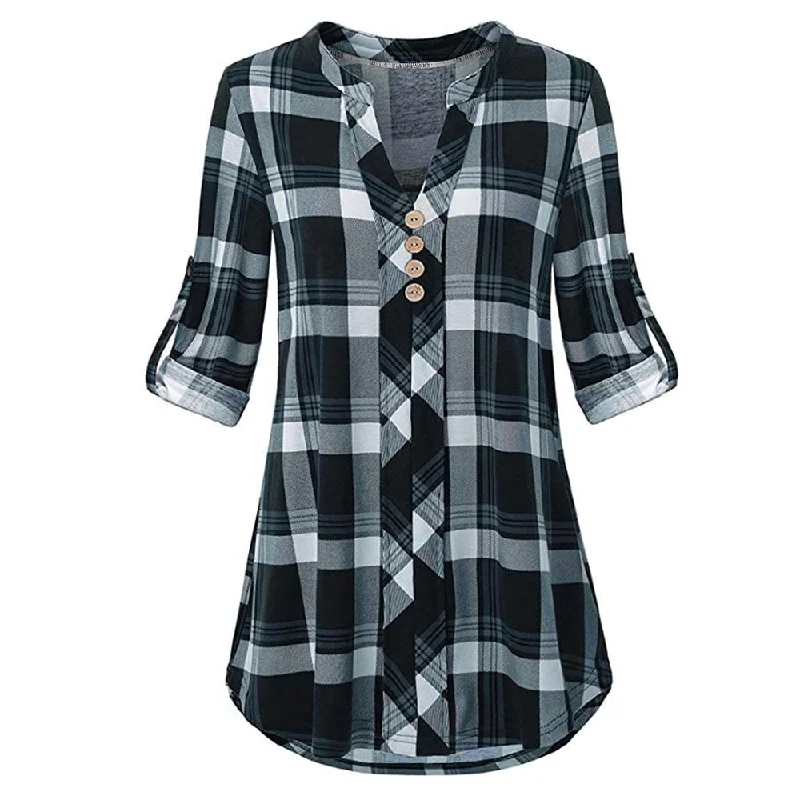 Plus Size Plaid Roll Tab Sleeve Blouse V-Neck Full Long Sleeve Women Casual Shirts Button Tops Office Clothes 2019Large women's zipper tops