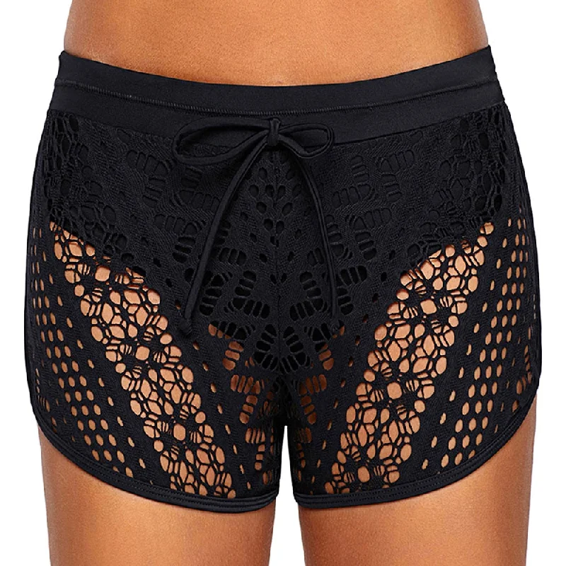 Plus Size Openwork Elastic Waist Shorts Lace Beachwear Sexy Board Shorts Summer Women Hollow Out Solid Swimming ShortsWomen's outdoor tops