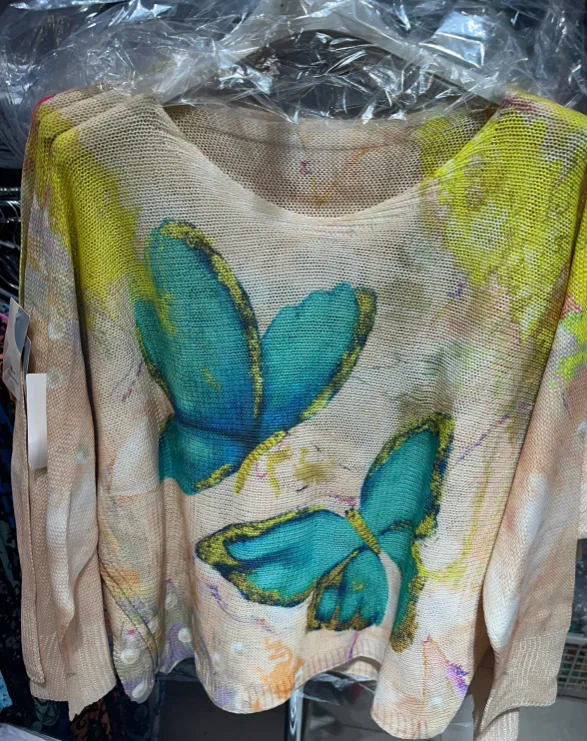 French Terry Knit TopsBlue Butterfly Printed Spring Long Sleeves Sweater