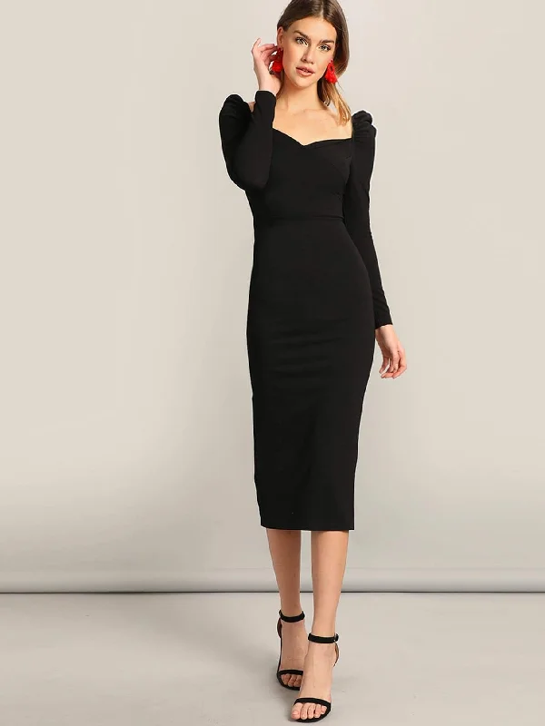 Surplice Neck Puff Sleeve Split Pencil Dress