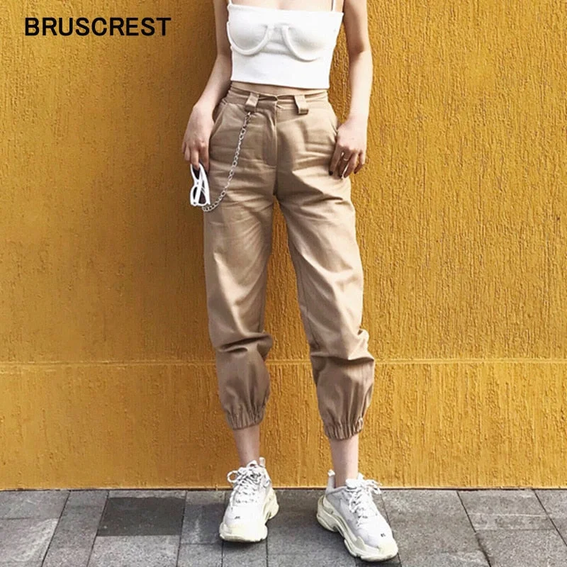 Spring vintage chain black cargo pants women high waist pants joggers baggy trousers women streetwear plus sizeLarge women's stretch tops