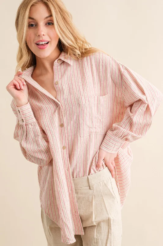 Pink Stripe Oversized Button Down ShirtLarge women's blended tops