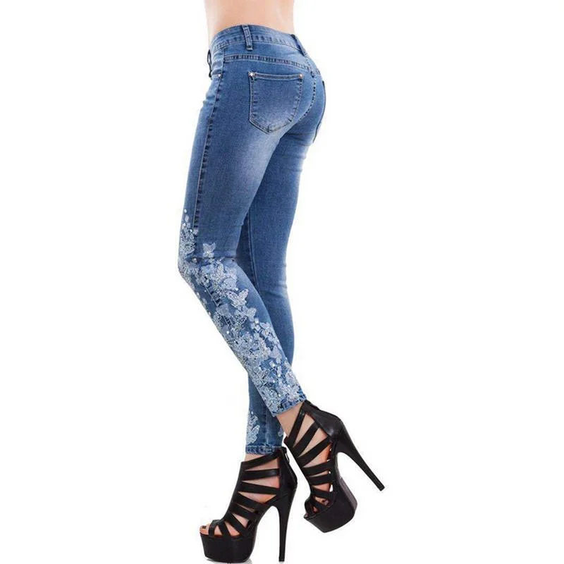 Plus Size 5XL Women Stretch High Waist Skinny Embroidery Jeans Ripped Woman Floral Denim Pants Trousers Women Jeans Pencil PantsKnitted 