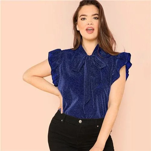 Trending Plus Size Blue Tie Neck Ruffle Armhole Glitter Top - Elegant Blouse - Women Summer Sleeveless Shirt (TB1)(BCD2)(F19)(F35)Large women's cardigan tops