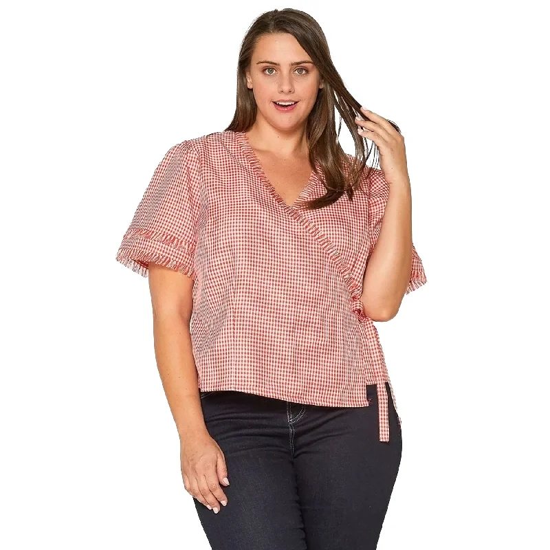 Women's Plus Size Fringe Trim Gingham Wrap Blouse in Red GinghamPlus size women's work tops