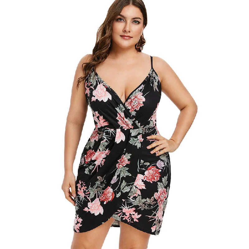 ROSEGAL Plus Size Women Floral Print Mini Bodycon Dress Sleeveless Spaghetti Strap Sexy Bodycon Party Dress Summer Vestidos 2019