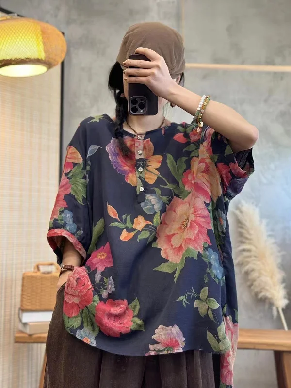 Plus Size Women Summer Casual Flower Button Loose Pullover ShirtWomen's short sleeve tops