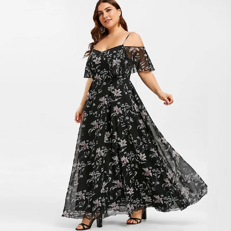 Plant Print Plus Size Cold Shoulder Dress Sexy A-Line Floor-Length Party Dress Summer Half Sleeves Bohemian Dress