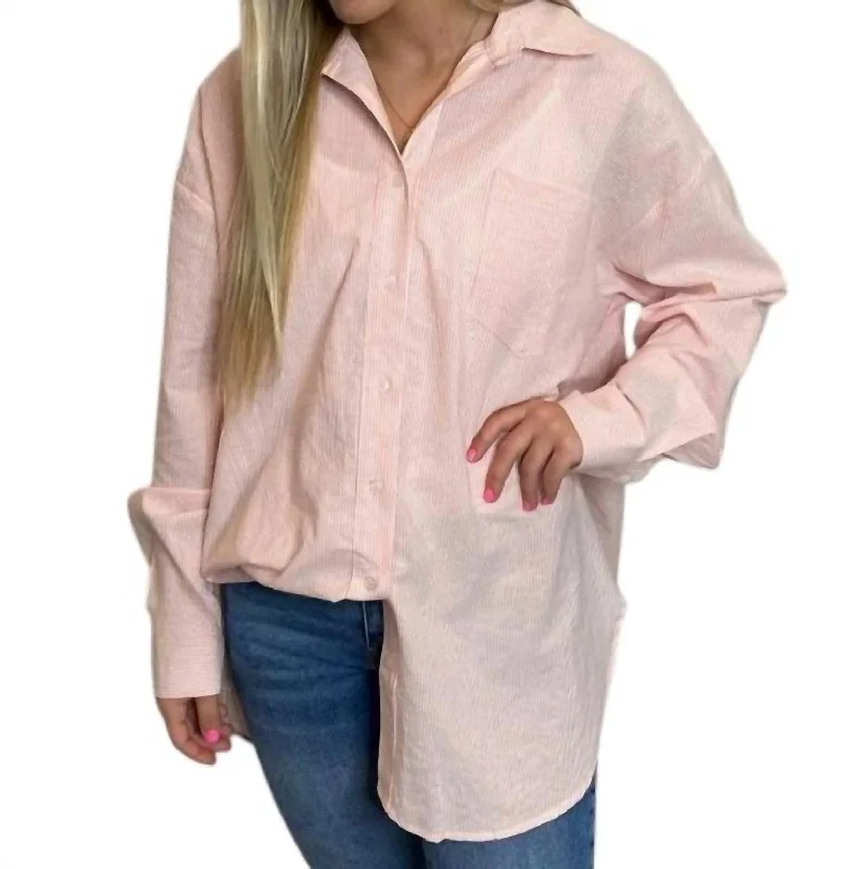 Oversized Mini Stripe Button Down Shirt In CoralWomen's beach tops