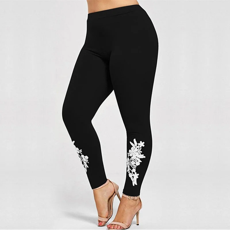 Plus Size Appliqued Jersey Leggings Skinny 2018 Women Pants Casual Floral Print Mid Waist Ladies Trouser Pencil PantsPlus size women's striped tops