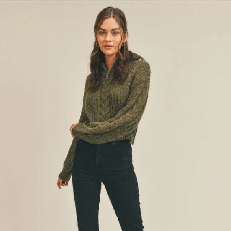 Casual Knit TopsCable Knit Half Zip Sweater (Moss)