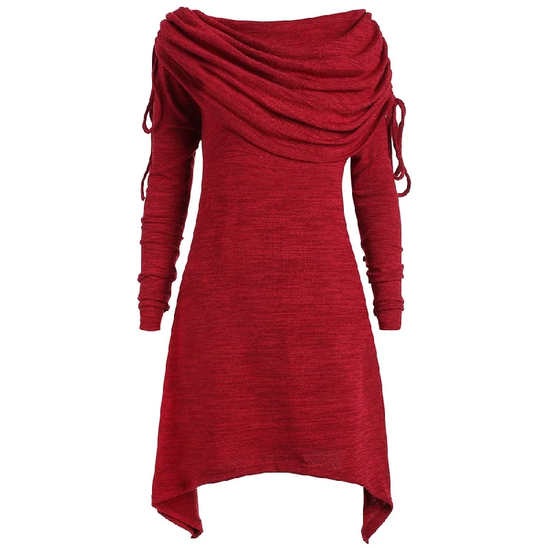 Plus Size Dress Women Vestido Red Black T-shirt Dress Casual Off Shoulder Long Foldover Collar Ruched Dresses Robe Femme