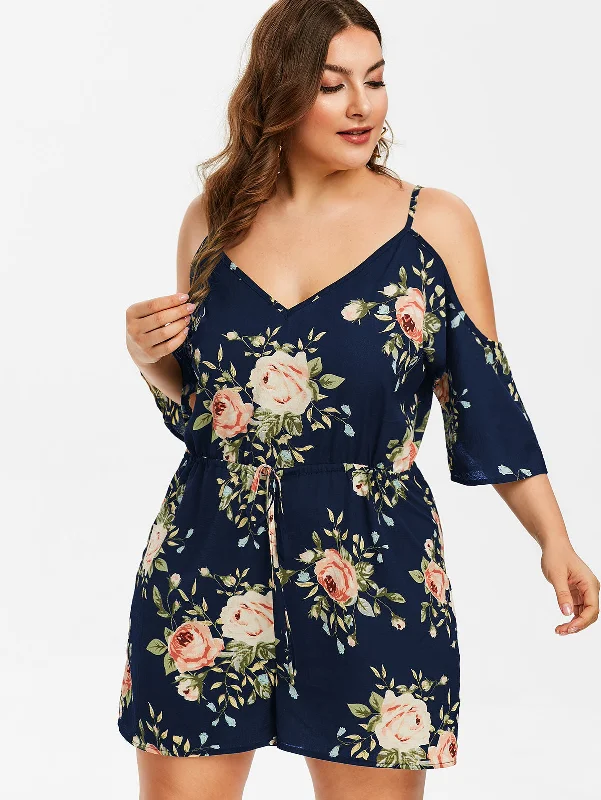 Plus Size Women Floral Jumpsuits Flower Cami Romper Casual Streetwear Sexy High Wasit Women Summer Playsuits 2019Plus size women's work tops