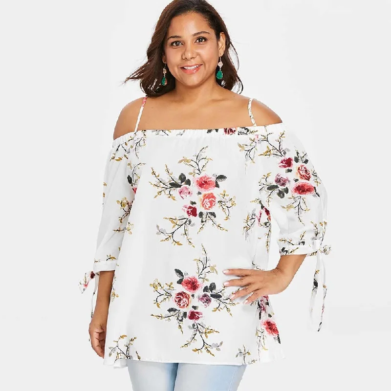 Plus Size Blouse 5XL Off the Shoulder Top Women Clothes Floral Print Summer Chiffon Shirt Sexy Loose Big Size tee shirtsLarge women's anti-static tops