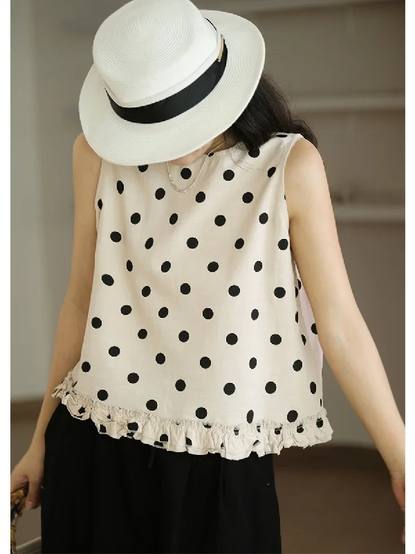 Plus Size Women Casual Dot Lacework Hem Loose Cotton VestPlus size women's casual tops