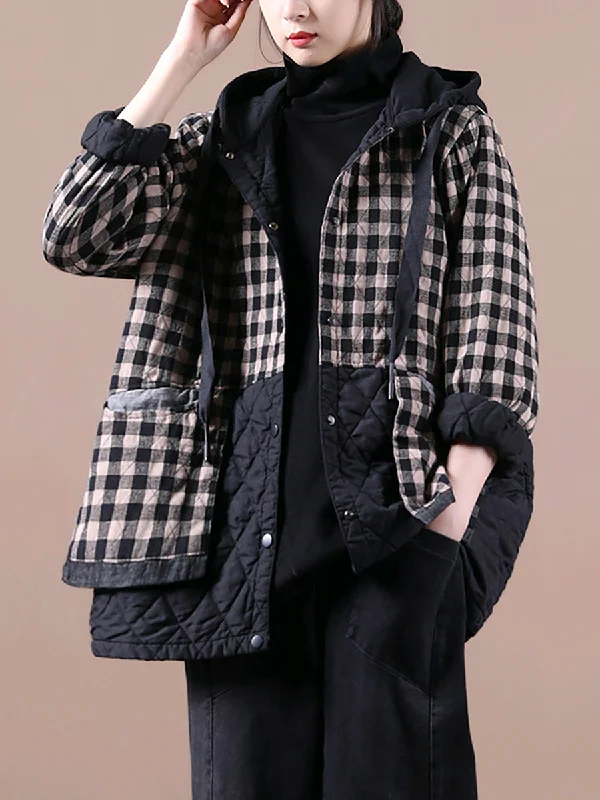 Plus Size Women Korean Style Plaid Hooded Colorblock Padded CoatLarge women's oversize tops