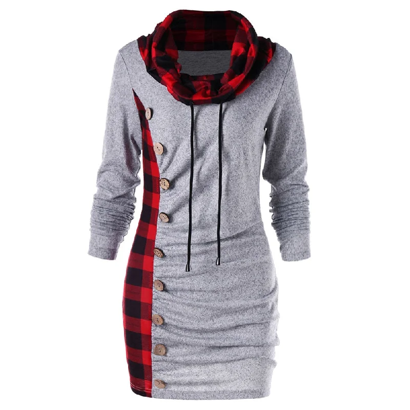 Plus Size Dress Women Button Up Plaid Cowl Neck Drawstring Casual Sweatshirt Dress Clothing Fall Ladies Dresses Vestido