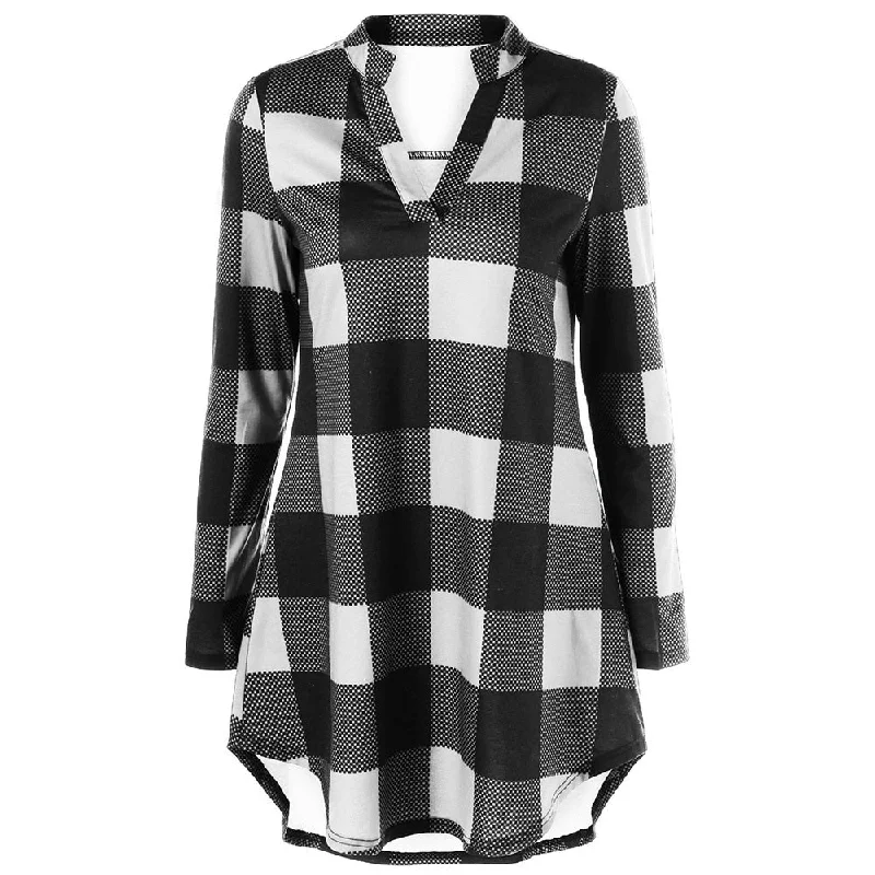 Plus Size Split Neck Long Plaid Boyfriend Shirt Women Blouse Casual Shirttail V-Neck Long Sleeve Blouses Shirts ClothingLarge women's oversize tops