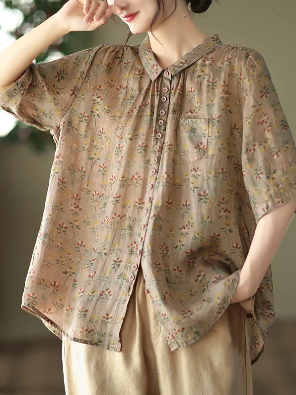 Plus Size Vintage Floral Ramie Casual Summer Women ShirtPlus size women's hollow tops