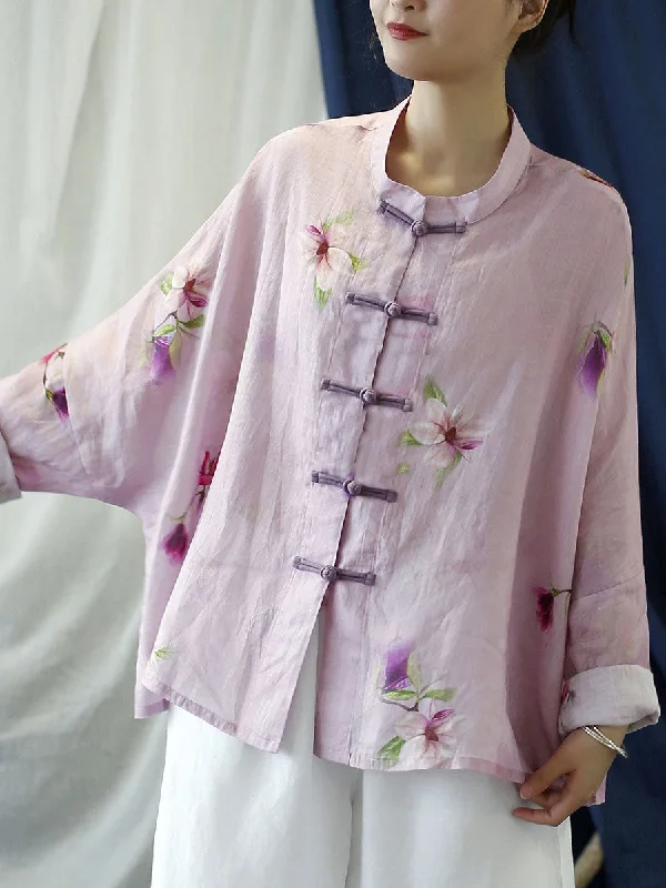 Plus Size Women Vintage Flower Pink Spring Ramie Shirt CoatPlus size women's simple tops