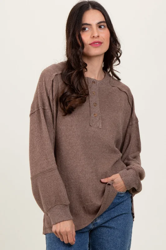 Mocha Oversized Ribbed Knit Henley SweaterLarge women's loose tops