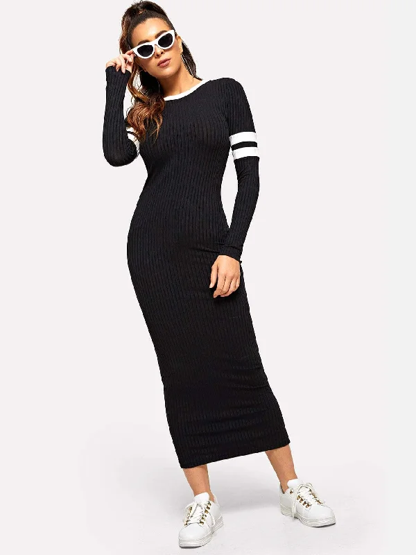 Striped Detail Rib-knit Bodycon Dress