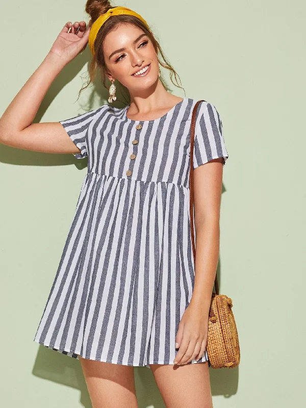 Striped Button Front Babydoll Dress