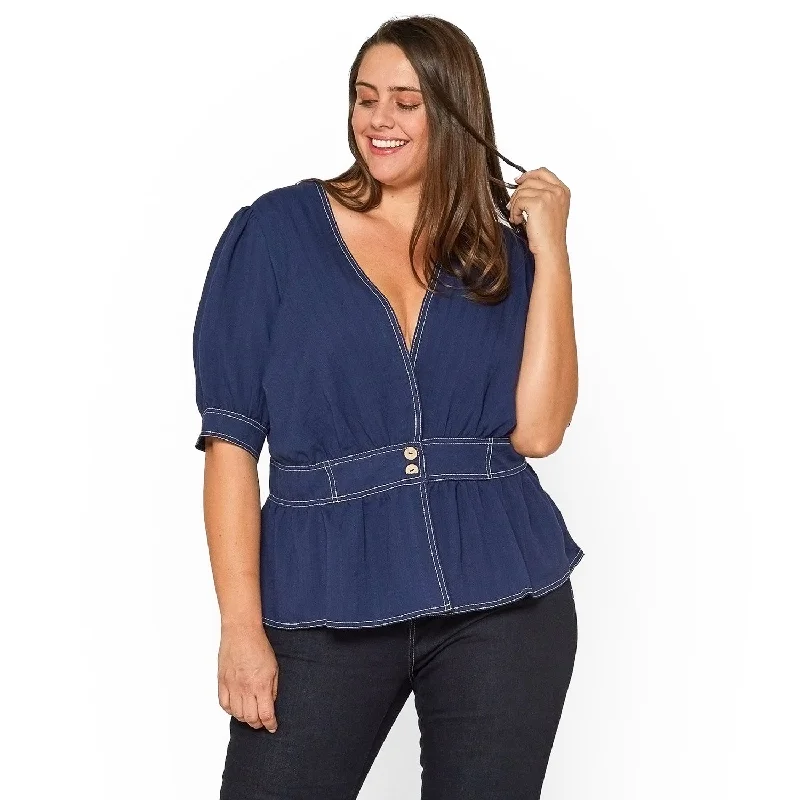 Women's Plus Size Puff Shoulder Button Front Peplum Top in NavyPlus size women's retro tops