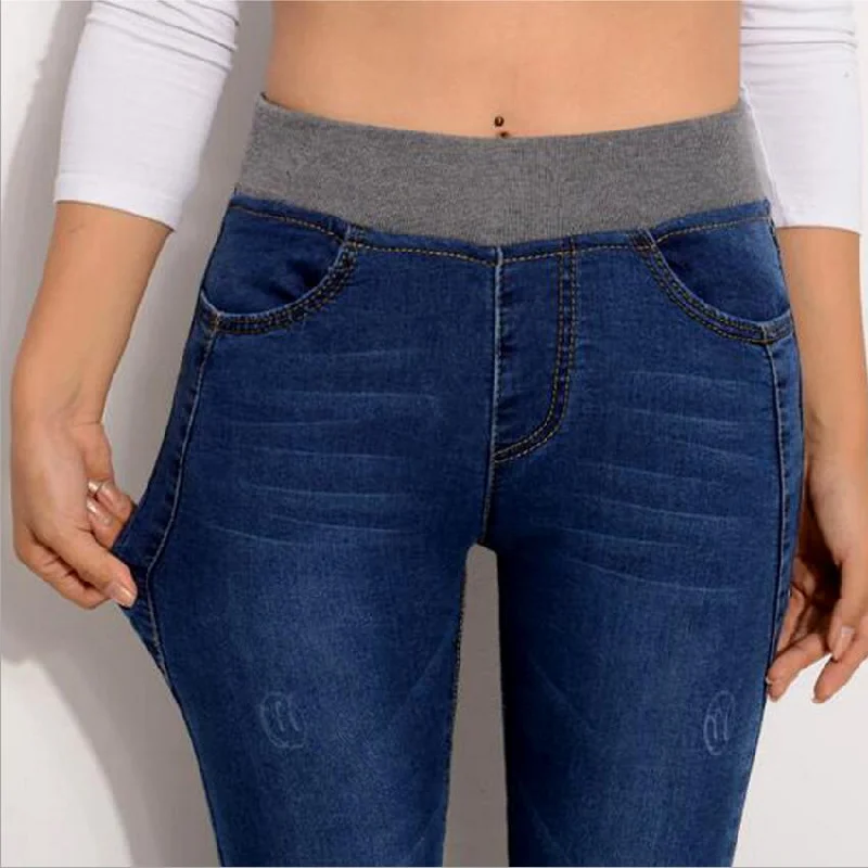 New Jeans For Women Plus Size 26-40 Casual Pants High Waist Jeans Elastic Waist Pencil Pants Fashion Denim TrousersKnit Tee