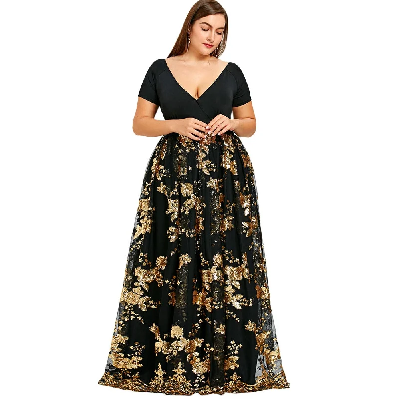 Plus Size Dress Women Deep V Neck Short Sleeves Floral Sparkly Maxi Dresses Elegant Party Dress Vestidos Robe Femme 5XL