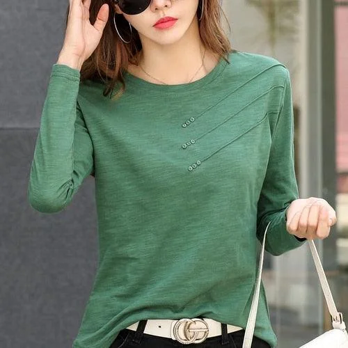 Fashion O-neck Long Sleeve Shirt - Women Plus Size Cotton T-shirt - Autumn Solid Loose Top (TB2)(F19)Large women's waist-baring tops