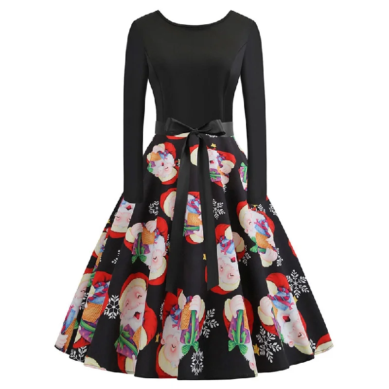 Plus Size Christmas Print Belted Vintage Dress Women O Neck Long Sleeves High Waist Dresses Hepburn Retro Dress Vestidos