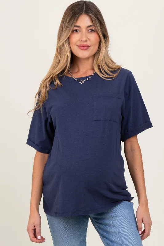 Navy Oversized Pocket Front Short Sleeve Maternity TopLarge women's oversize tops