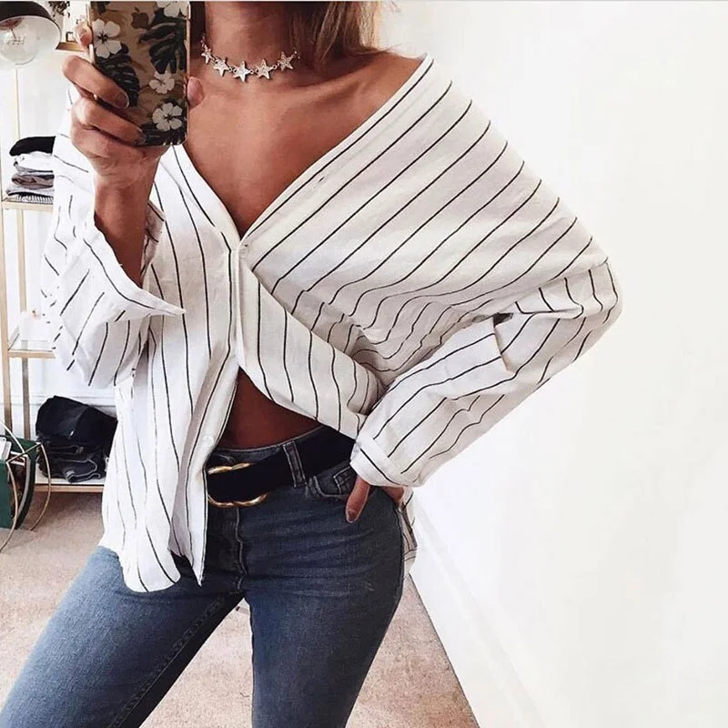 V-neck Button Long Sleeve Striped Loose Blouses Women Casual Wild Shirts Spring Autumn Ladies Fashion Sexy Blouse Plus Size NewLarge women's wool tops