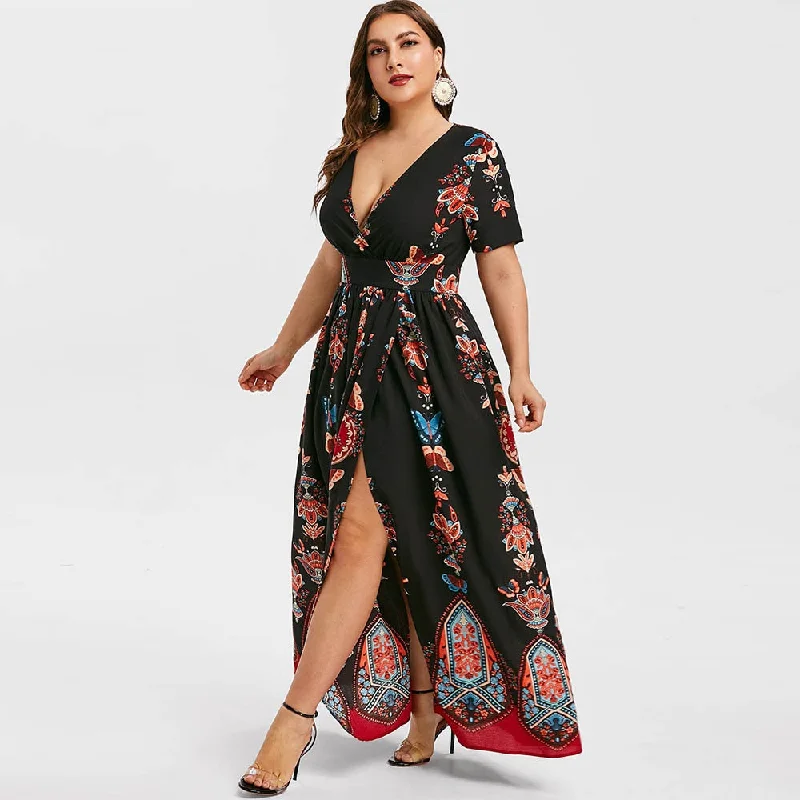 Rosegal Plus Size Printed Maxi Split Dress Bohemian Beach Party Maxi Dress Vintage Elegant High Wasit V-Neck Summer Bodycon Robe