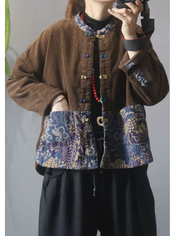 Plus Size Women Flower Patchwork Corduroy CoatPlus size women's bohemian tops