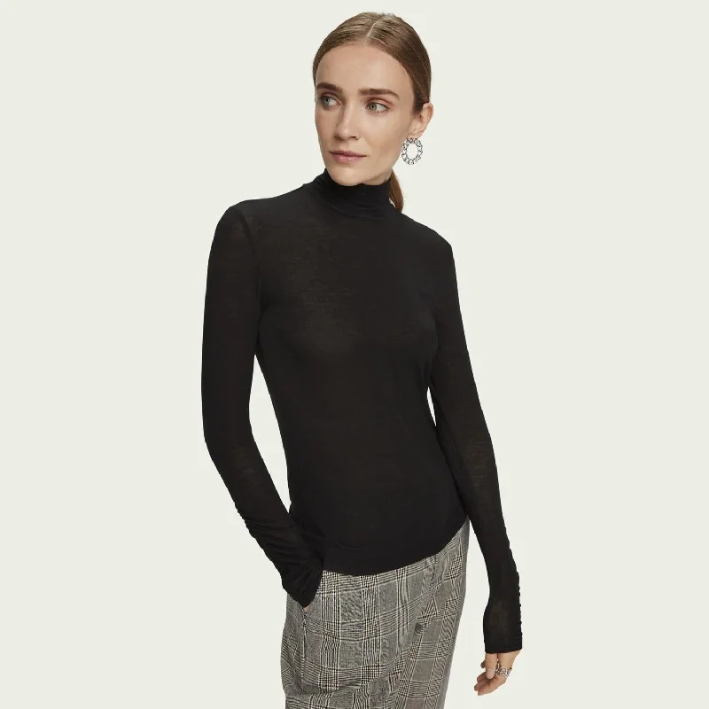 Sheer Knit TopsLong Sleeve Turtleneck T-Shirt (Black)