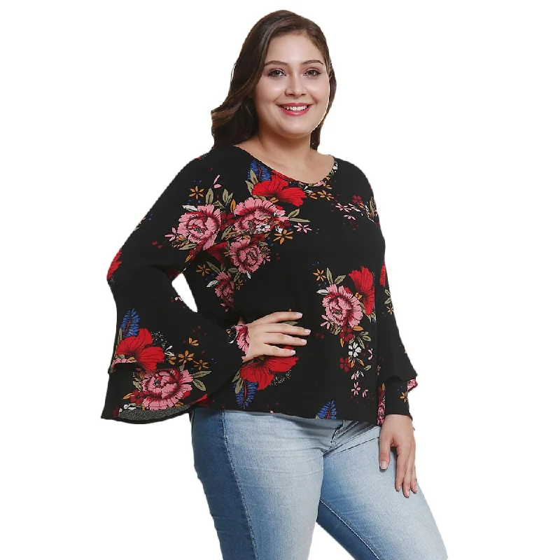 Plus Size Round Neck Long Bell Sleeve Floral Print Women Chiffon Blouse Casual Shirt Blouses Ladies Tops Blusas MujerWomen's summer tops