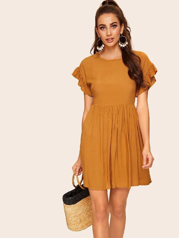 Contrast Ruffle Cuff Zip Back Babydoll Dress