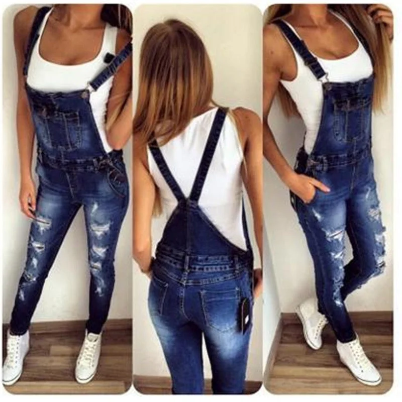 2019 new hole fashion stretch one-piece denim straps feet pants hole slim slim jeans casual jeans plus size 3xlWomen's luxury tops