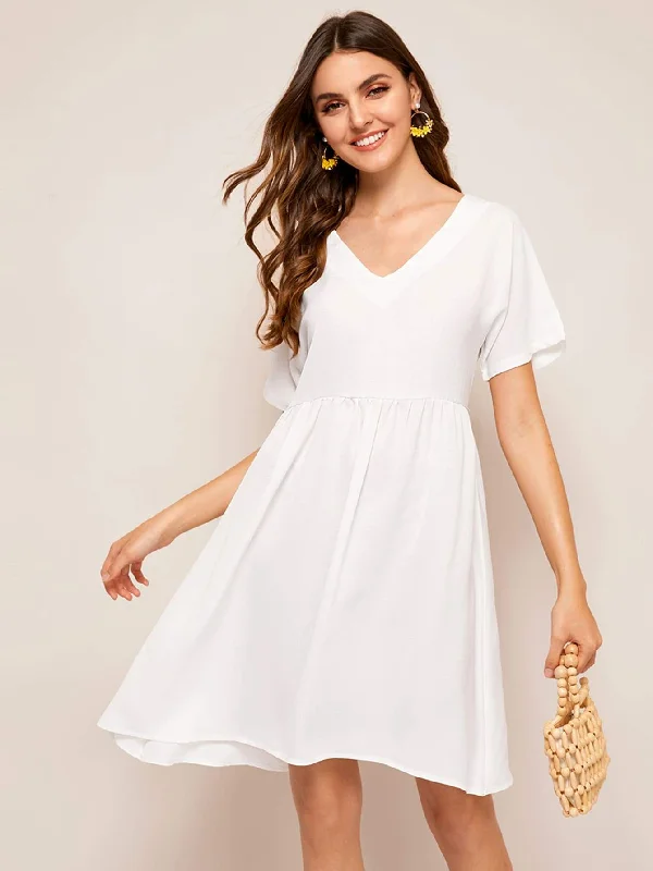 Solid V-neck Smock Dress