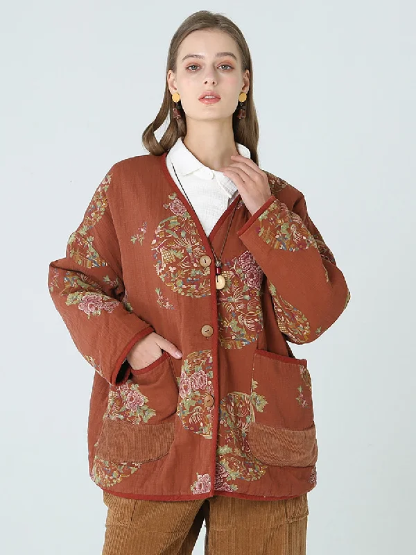 Plus Size Flower Prints Women Spring Long Sleeve CoatKnitted Tee