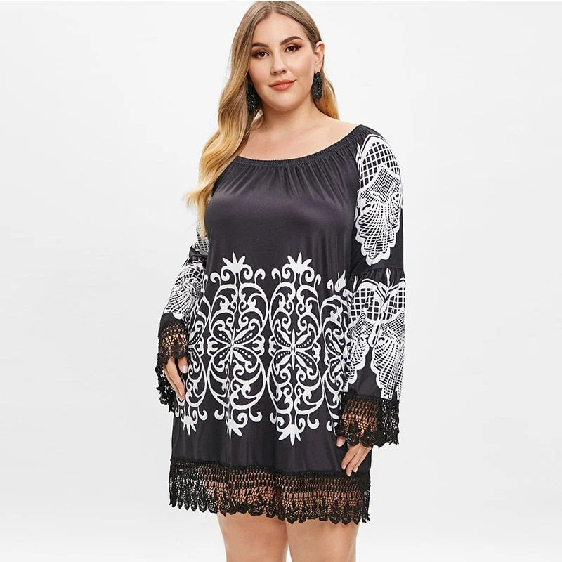 Plus Size Off The Shoulder Tribal Print Dress Long Sleeves Knee-Length Straight Shirt Dresses Women Sexy Lace Dress 2019